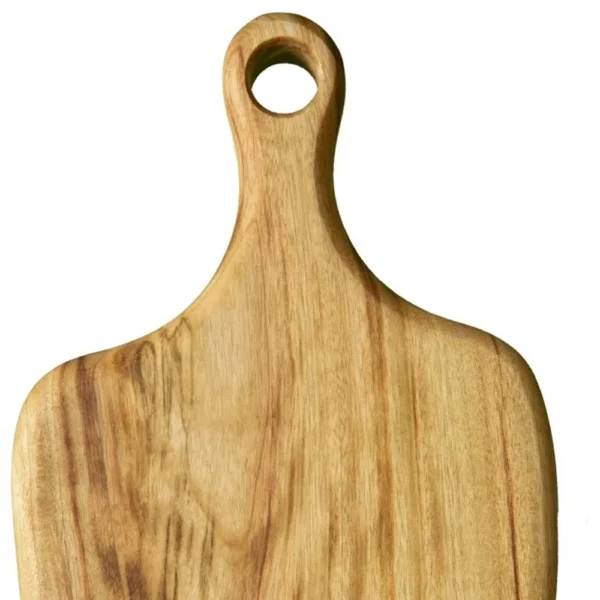 A wooden cutting board with one handle.