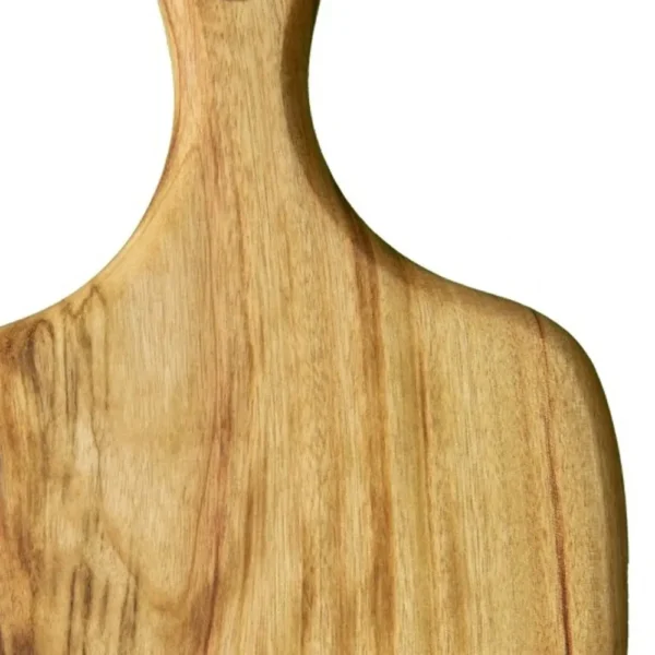 A wooden cutting board with a handle.