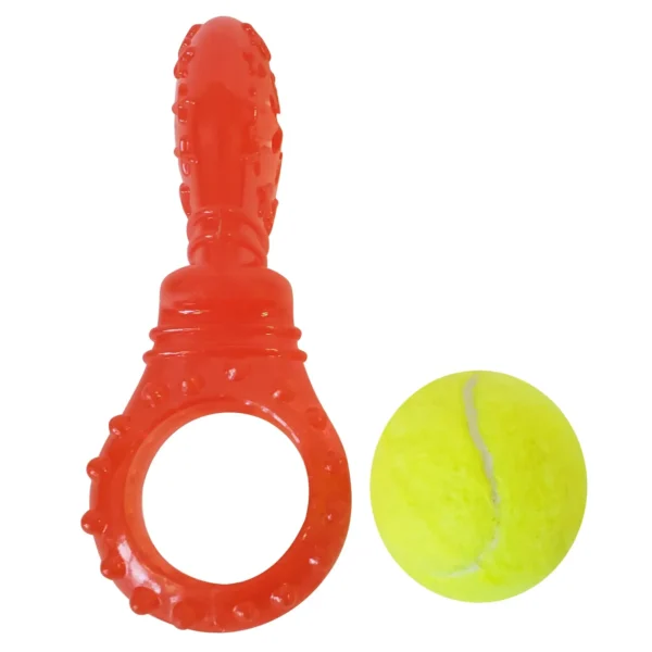 A red toy and a yellow ball are next to each other.