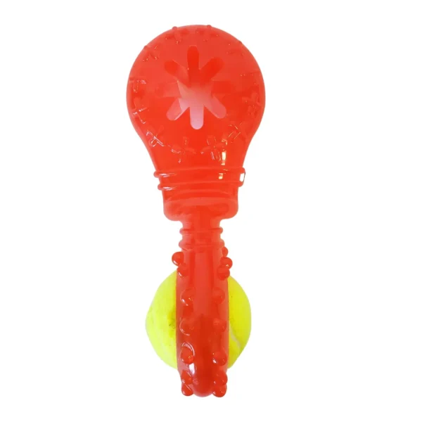 A red plastic toy with a yellow ball on top of it.