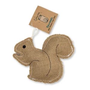 A brown squirrel toy hanging from a string.