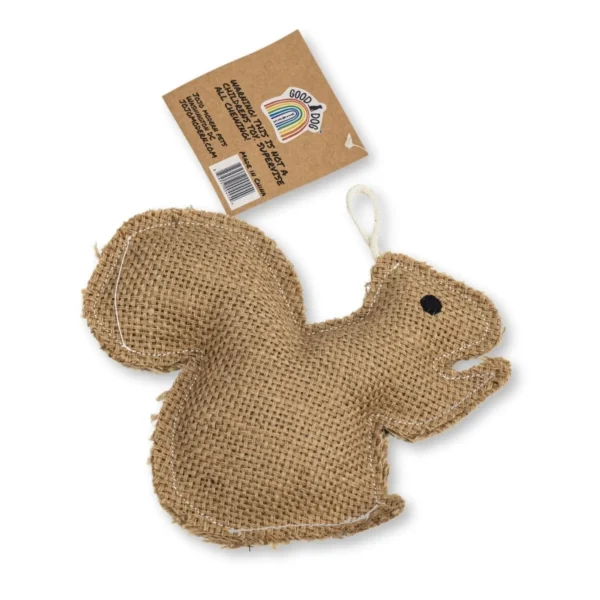 A brown squirrel shaped toy with a tag.