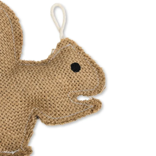 A squirrel made of burlap with a white string.